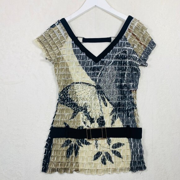 Frank Lyman Blk/Tan Ruffle Butterfly Short Sleeve Top V Neck/Scoop Back Wms Sz 6 - Picture 3 of 16